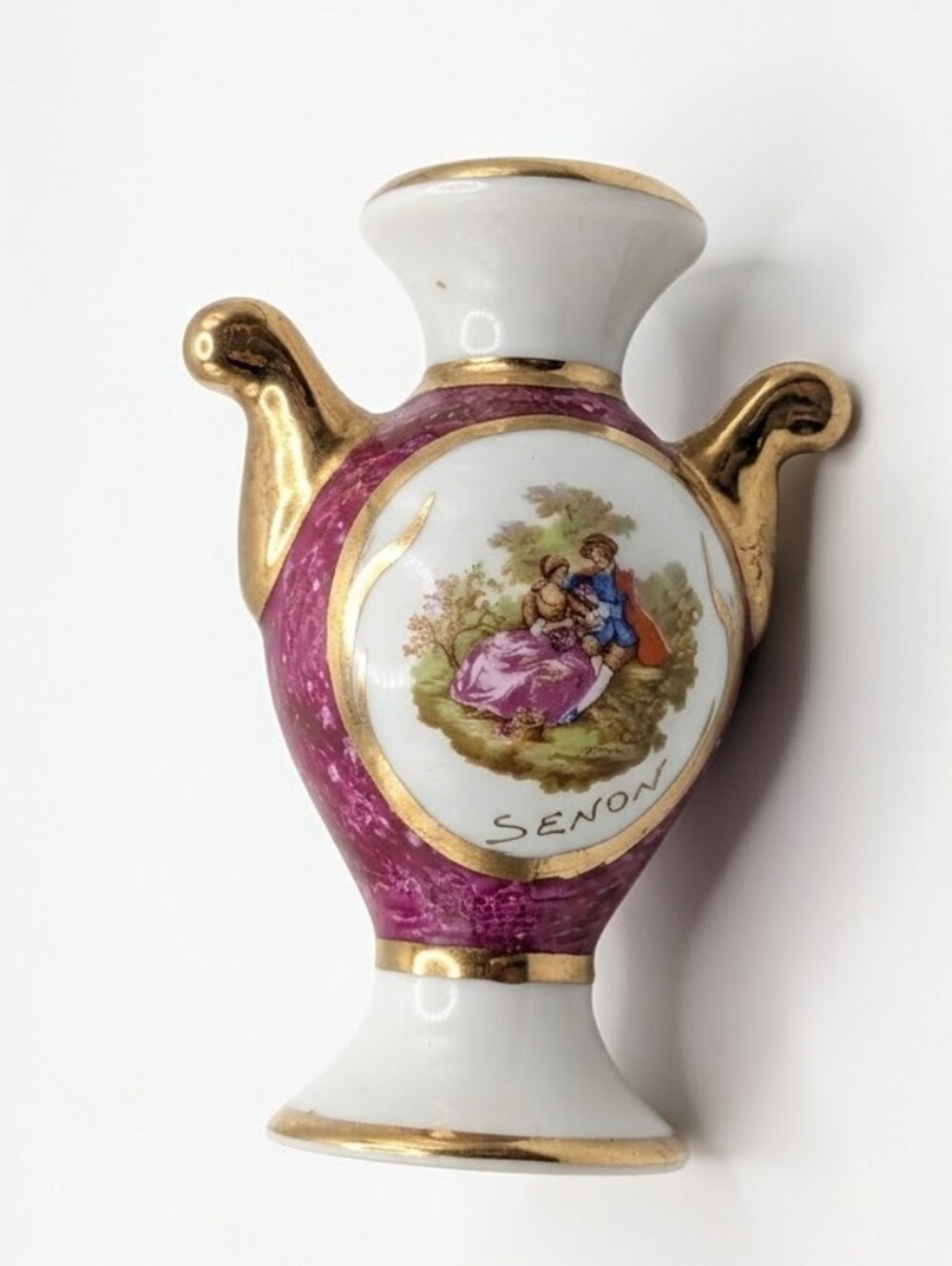 Vintage Limoges France Miniature Urn Vase Burgundy Gold Courting Couple Senon 4"